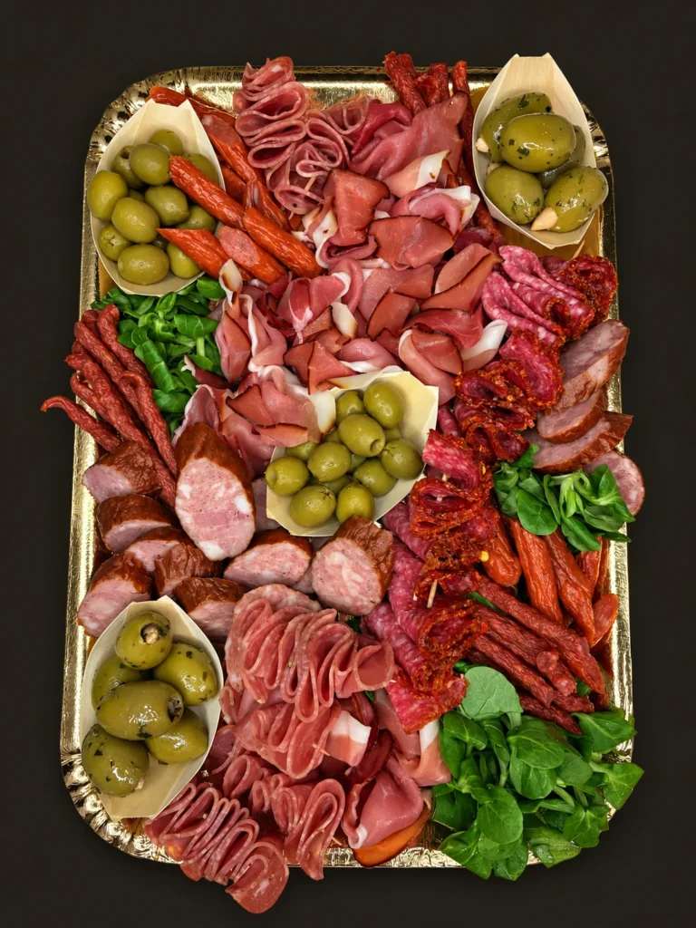 Deska wędlin z szynką dojrzewającą, salami, kabanosami i oliwkami