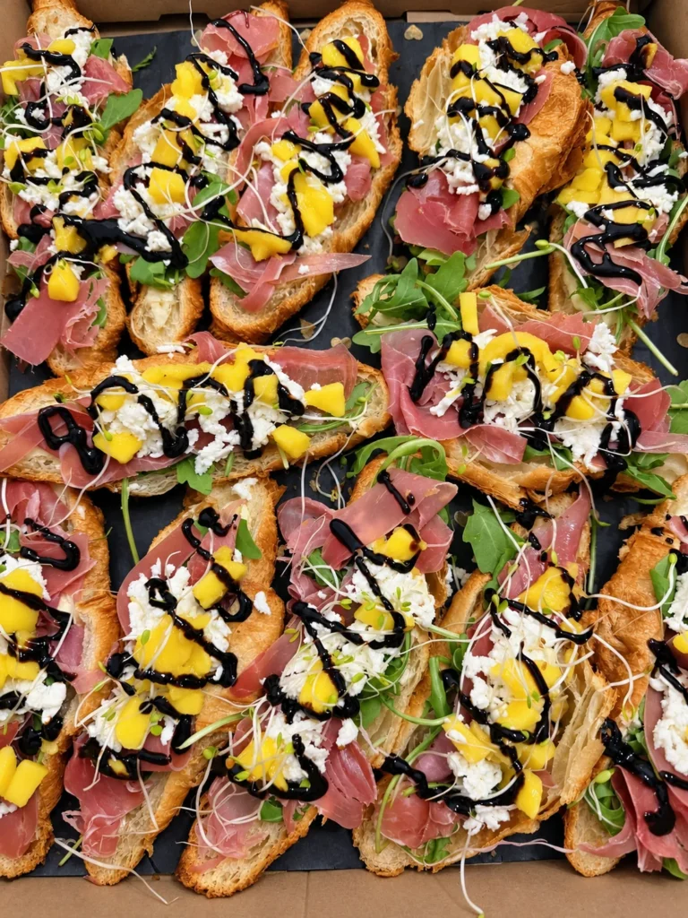 Box z croissantami z szynką parmeńską, mozzarellą, mango, pistacjami i balsamico