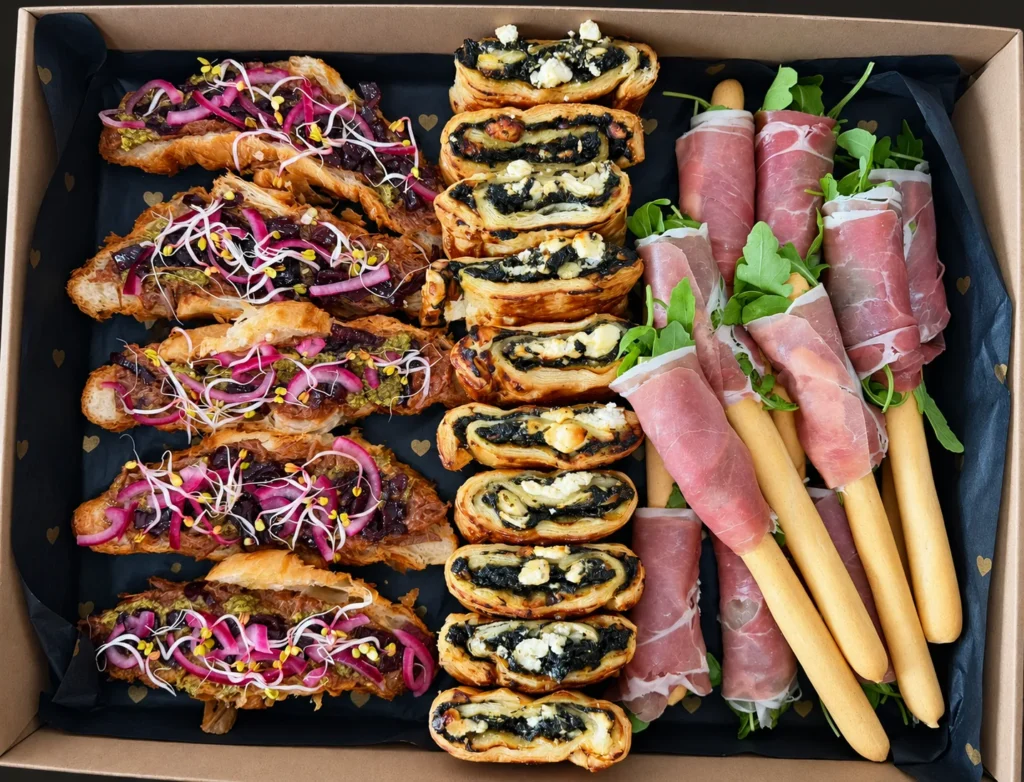 Box z croissantami z szarpaną wołowiną BBQ, ślimakami ze szpinakiem i fetą oraz grissini z szynką parmeńską