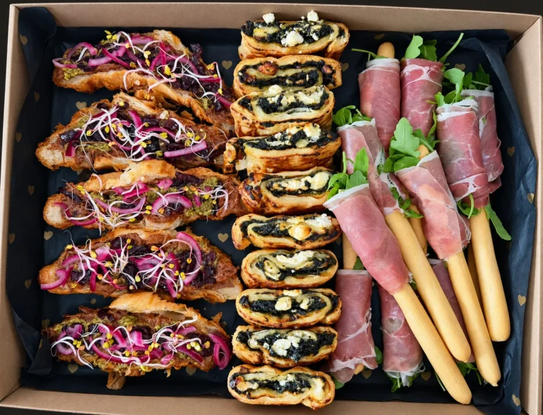 Box z croissantami z szarpaną wołowiną BBQ, ślimakami ze szpinakiem i fetą oraz grissini z szynką parmeńską